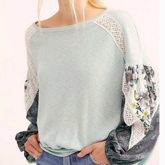 Free People Tops - Free People Casual Clash Top Teal Blue Lace Long Sleeve Sz Small Women’s
